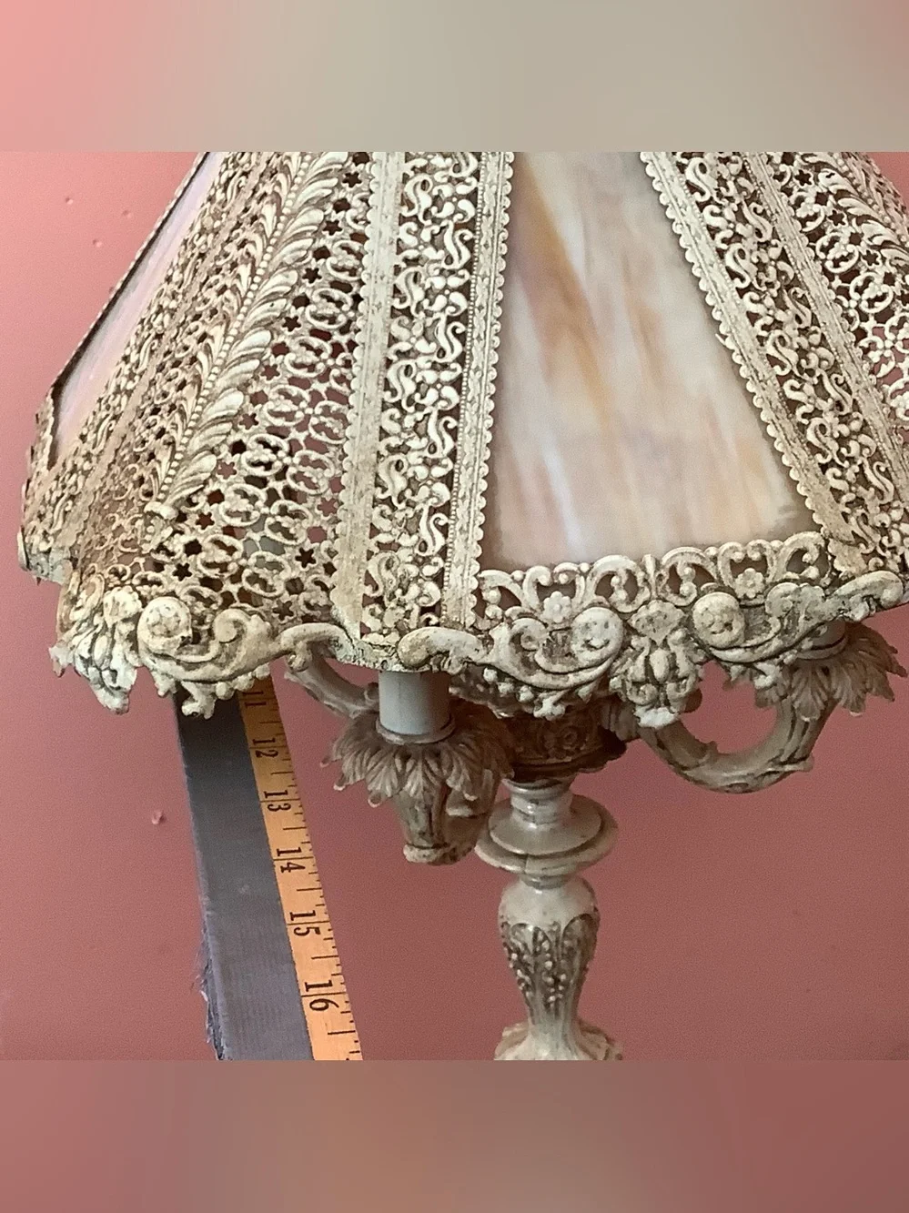 Vintage Italian 4-Light Candelabra Table Lamp Filigree Shade Carrara Marble 28”